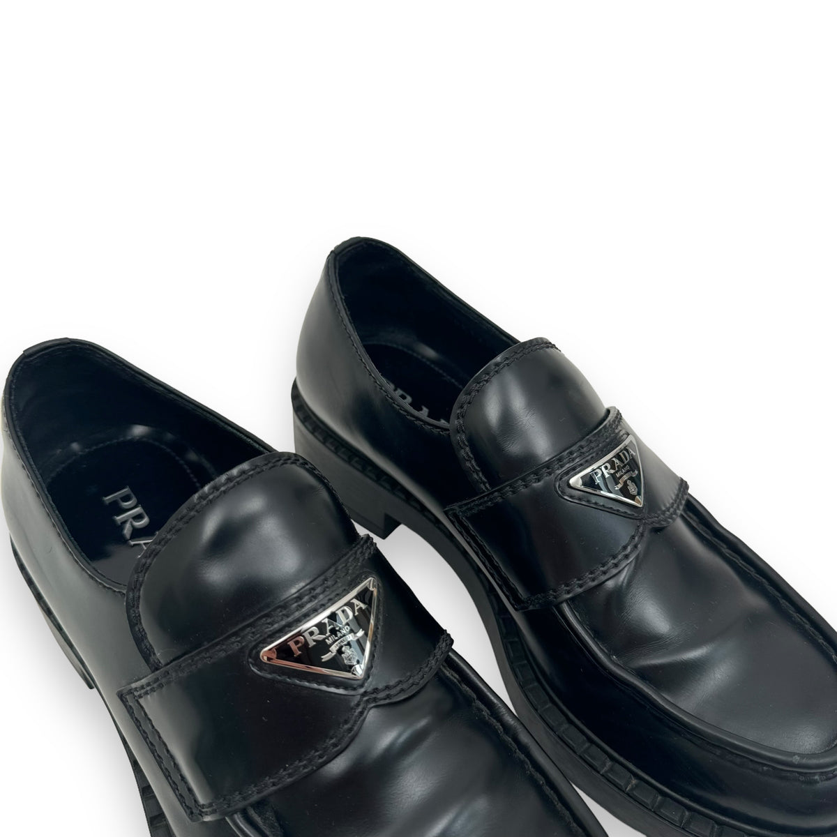 PRADA BRUSHED LEATHER LOAFERS BLACK UK6.5