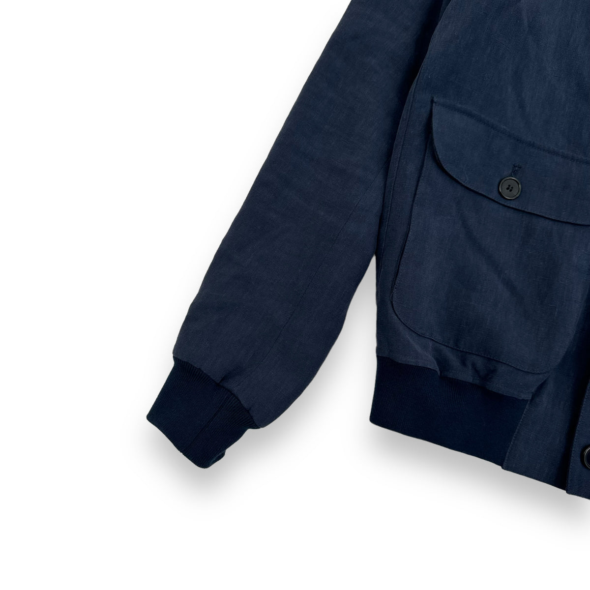 THOM SWEENEY BESPOKE BUTTON-UP LINEN COLLARED BOMBER JACKET NAVY M