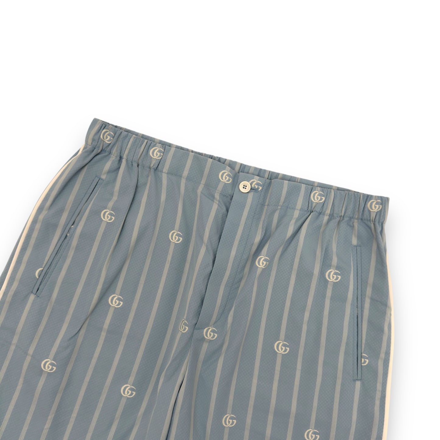 GUCCI LOGO-JACQUARD STRIPED COTTON-POPLIN SHORTS BLUE M