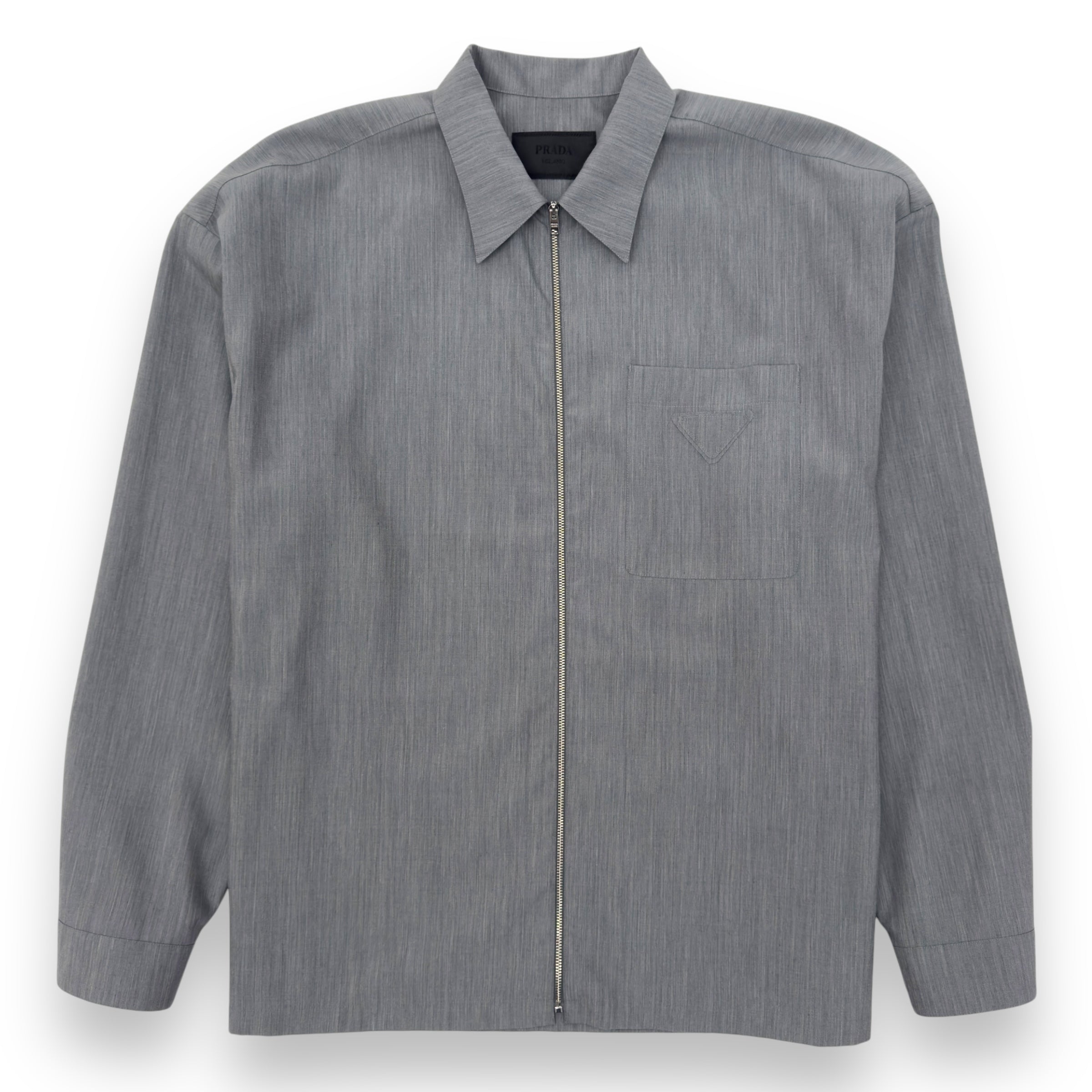 PRADA TRIANGLE-LOGO ZIP-UP SHIRT GREY XL