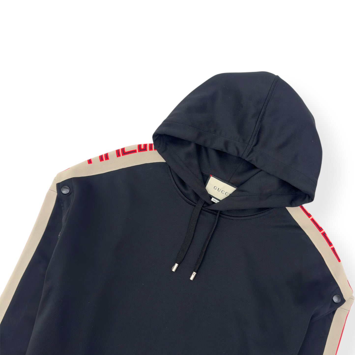 GUCCI TAPE LOGO DETACHABLE WEB SLEEVE HOODIE BLACK / RED S
