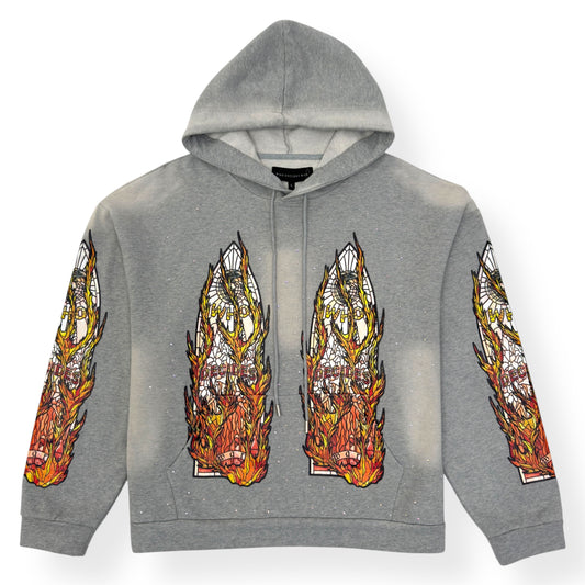 WHO DECIDES WAR FLAMES GLASS HOODIE VINTAGE GREY / ORANGE L