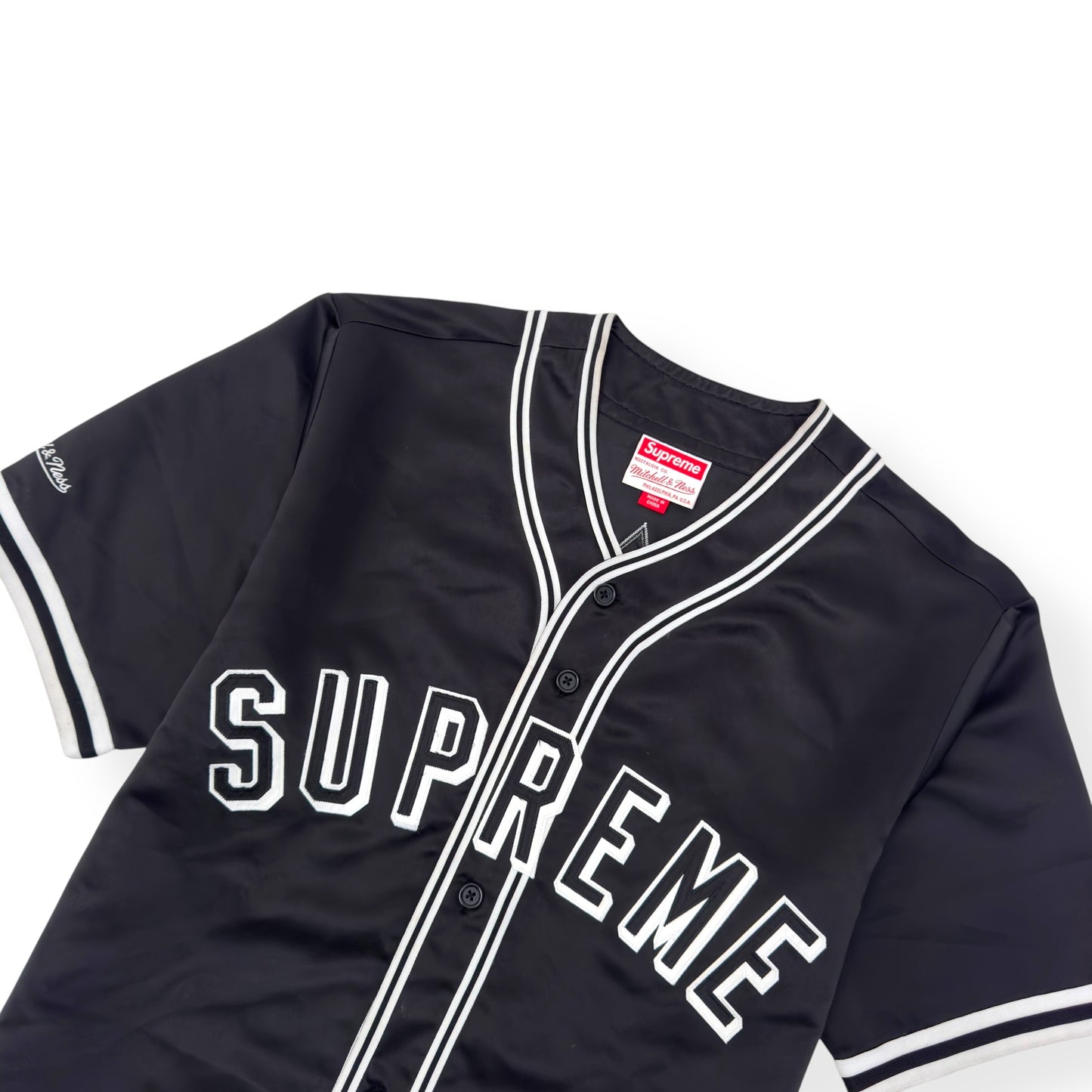 SUPREME MITCHELL & NESS SATIN BASEBALL JERSEY BLACK / WHITE M