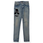 AMIRI VARSITY PATCH DISTRESSED SKINNY DENIM JEANS BLUE / BLACK W34”