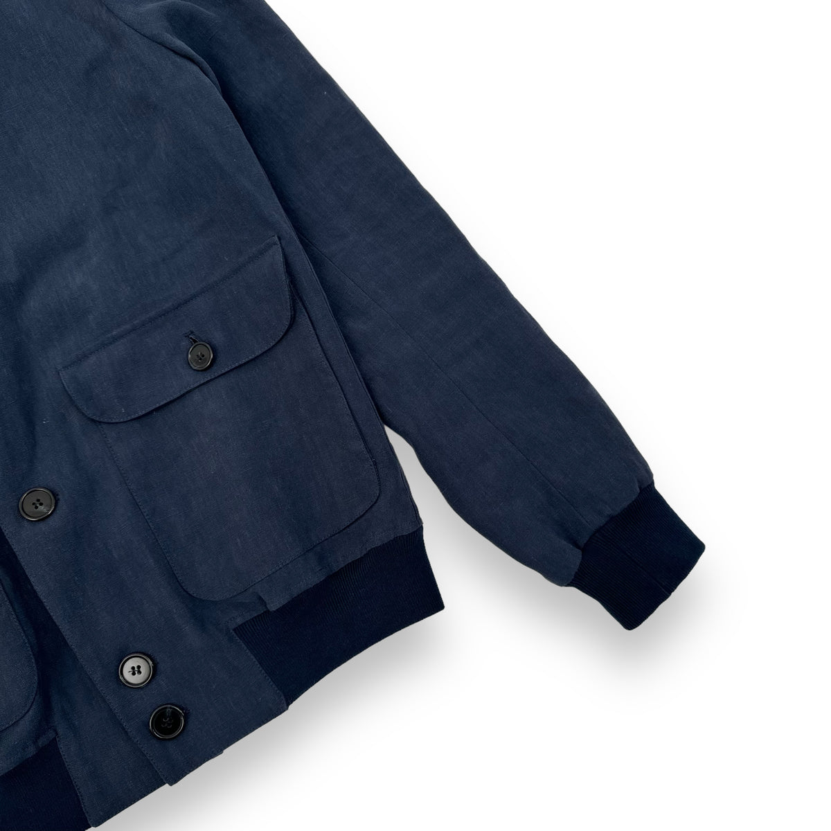 THOM SWEENEY BESPOKE BUTTON-UP LINEN COLLARED BOMBER JACKET NAVY M