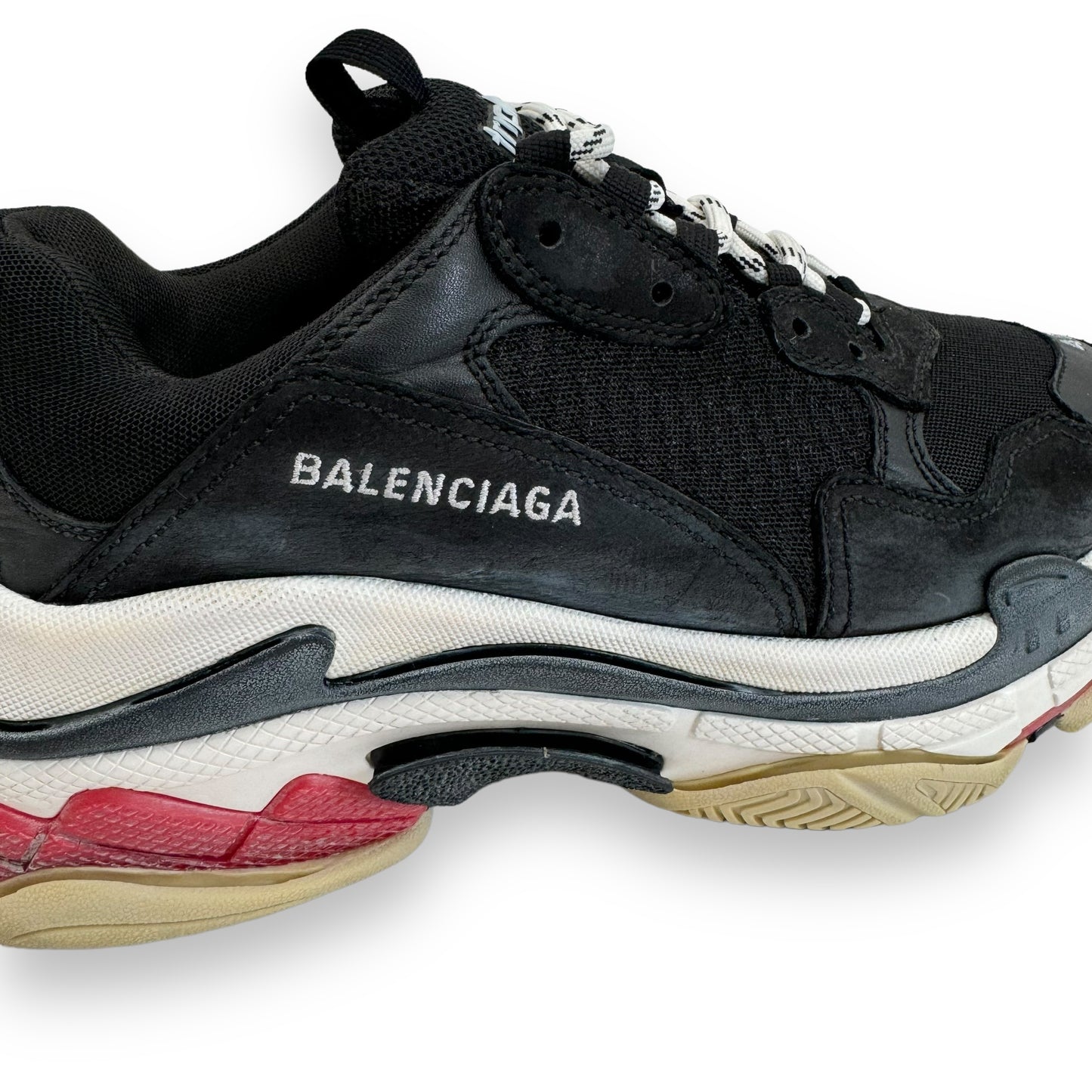 BALENCIAGA TRIPLE S DISTRESSED SNEAKER BLACK / WHITE / RED UK8