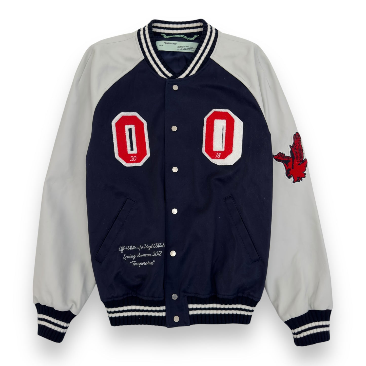 OFF-WHITE PATCH VARSITY LEATHER / COTTON JACKET BLUE / WHITE XL