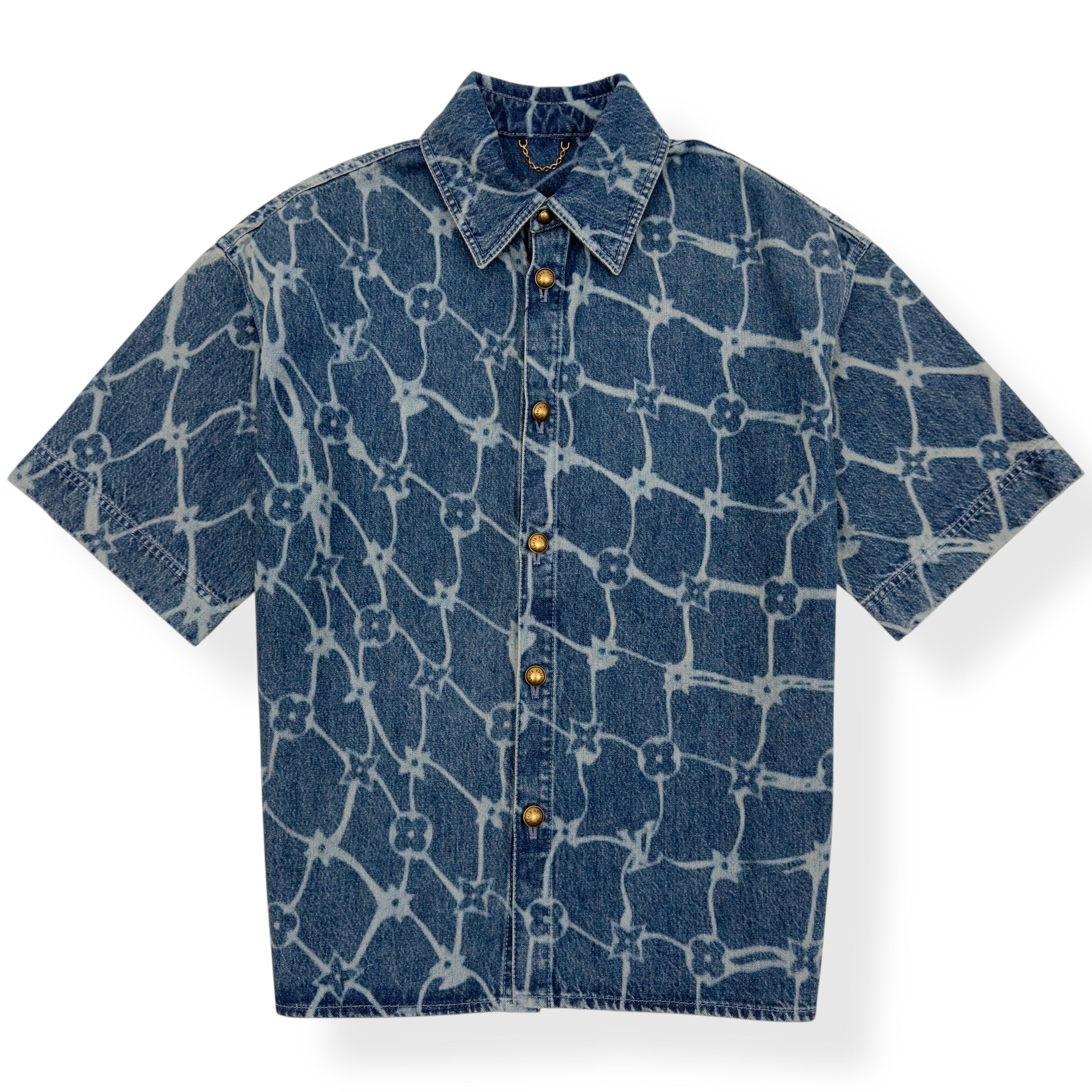 LOUIS VUITTON MONOGRAM PRINTED DENIM SHORT-SLEEVE BLUE XL
