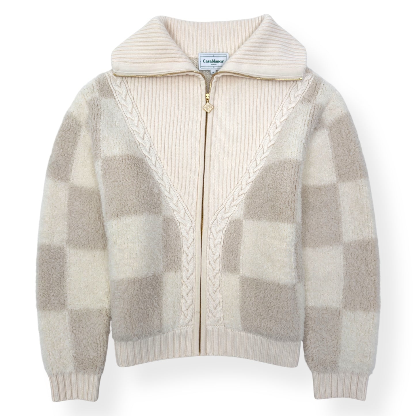 CASABLANCA CHECKED BOUCLÉ WOOL-BLEND ZIP UP JACKET CREAM M