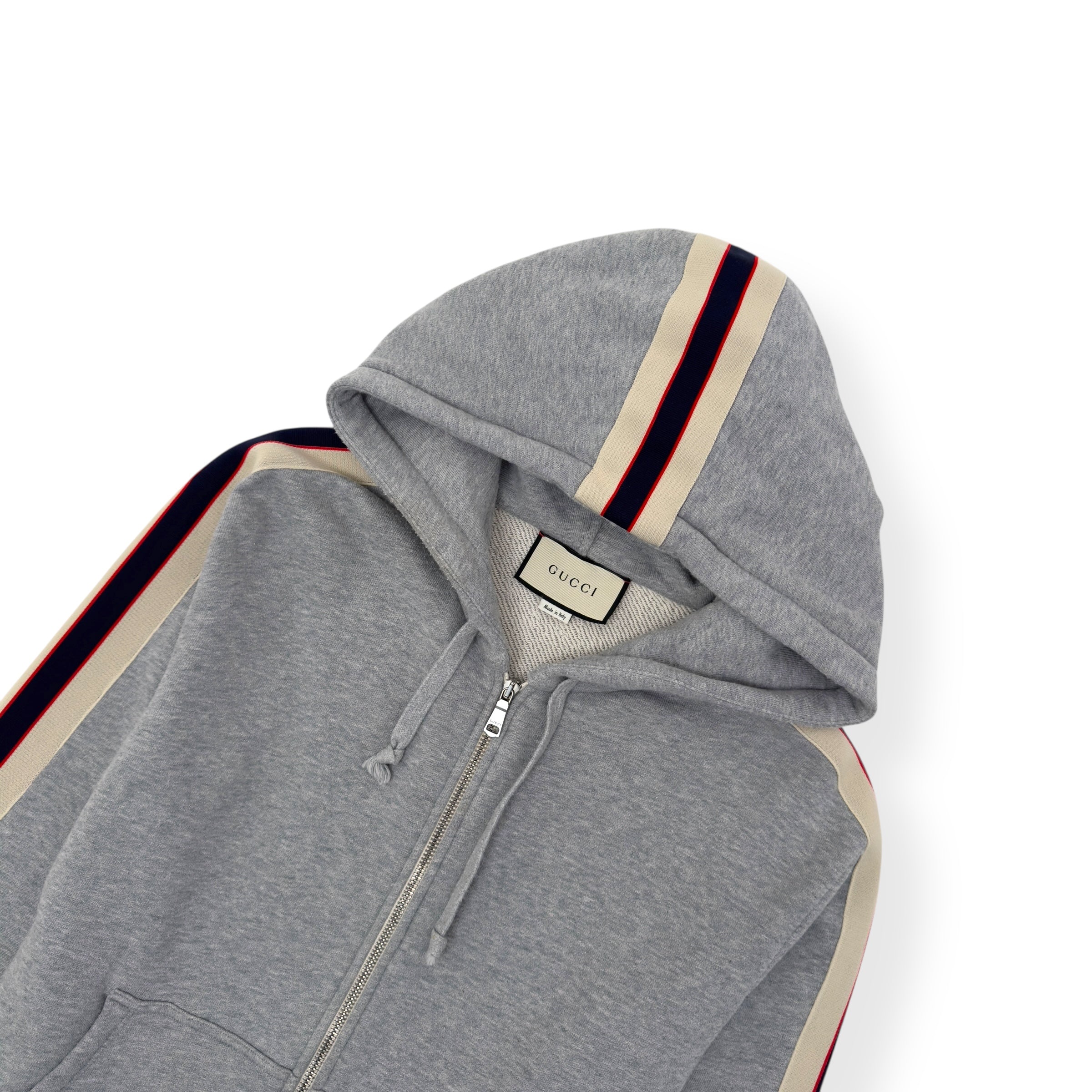 GUCCI TAPE LOGO HOODIE GREY / RED M