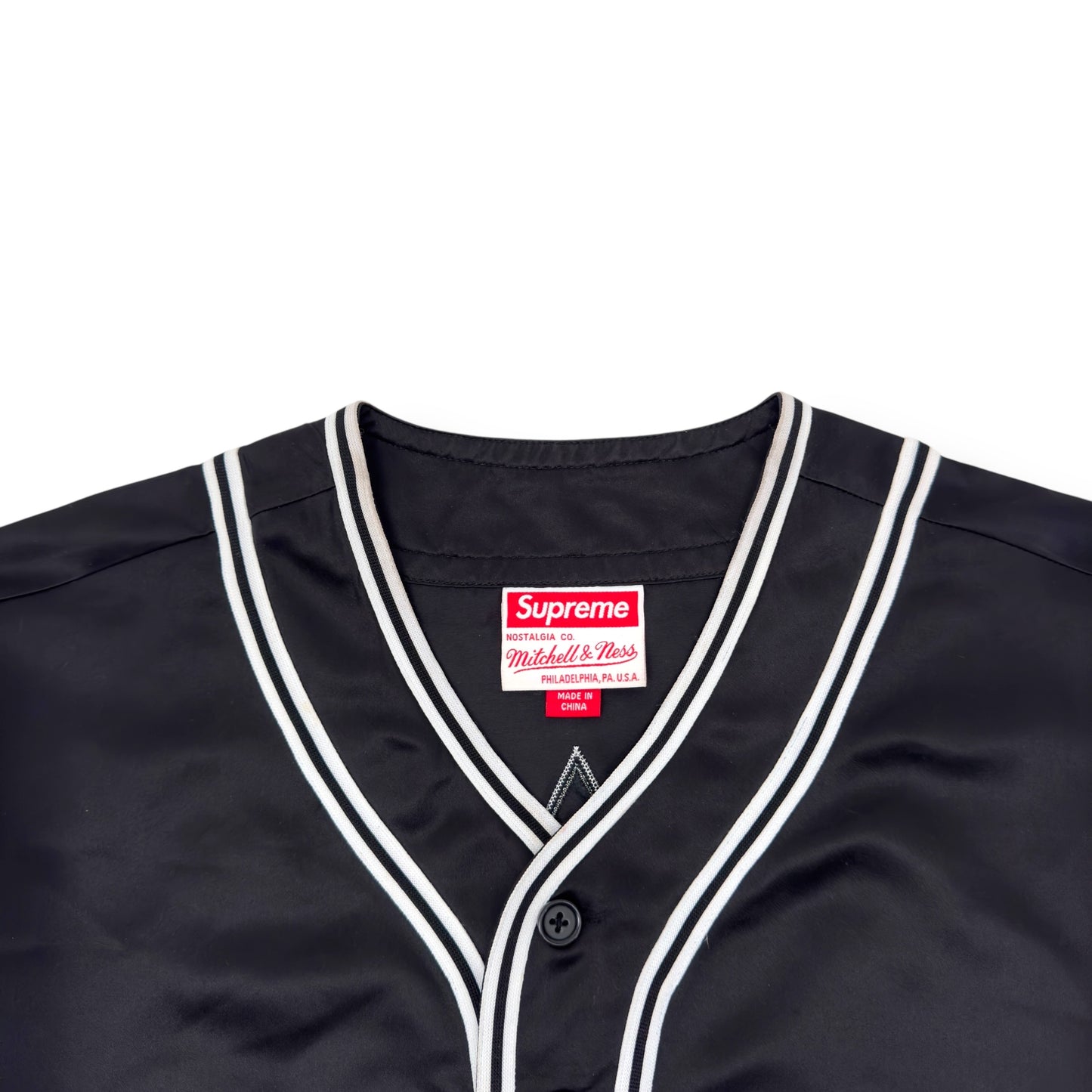 SUPREME MITCHELL & NESS SATIN BASEBALL JERSEY BLACK / WHITE M