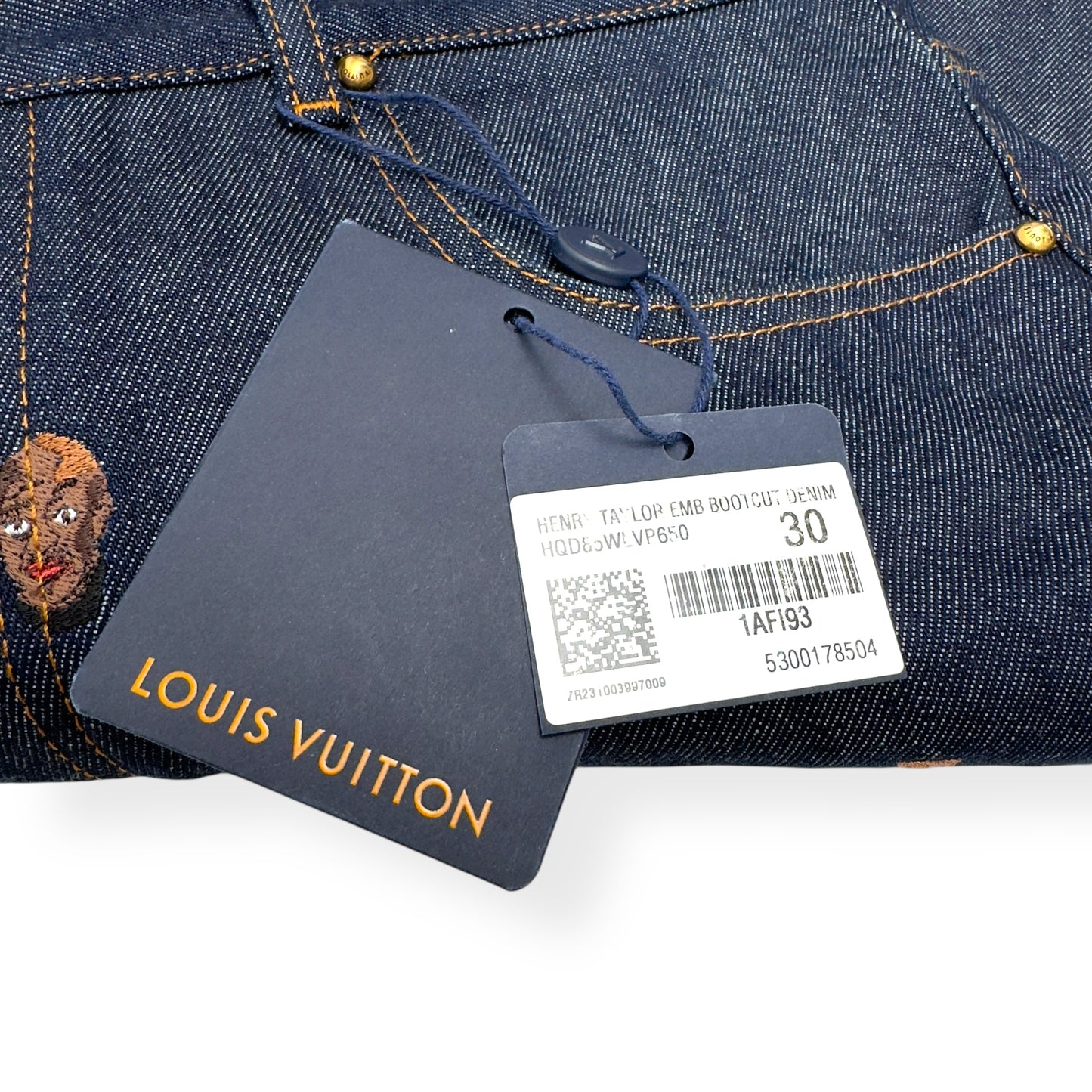 LOUIS VUITTON EMBROIDERED BOOTCUT DENIM TROUSERS INDIGO BLUE W30”