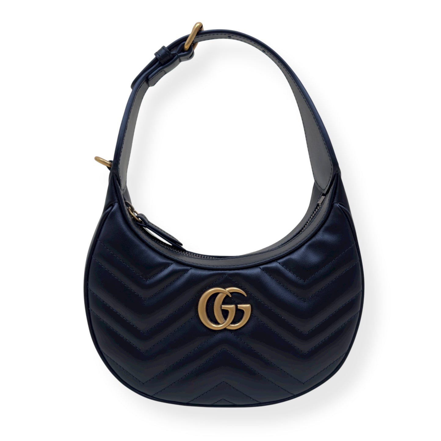 GUCCI CHEVRON LEATHER GG MARMONT HALF-MOON BAG BLACK MINI
