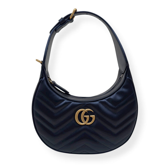GUCCI CHEVRON LEATHER GG MARMONT HALF-MOON BAG BLACK MINI
