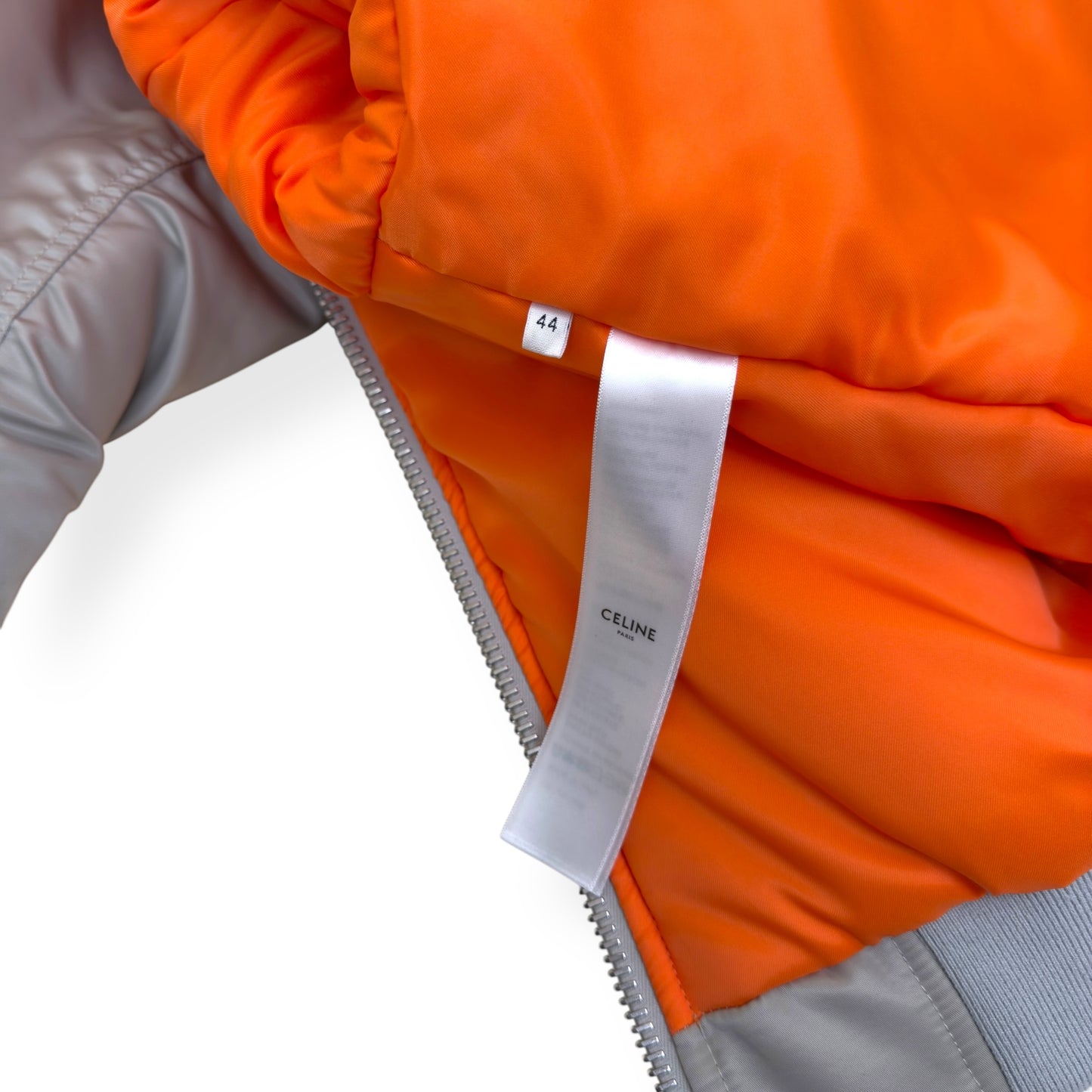 CELINE LOGO-PRINT CHAIN-EMBELLISHED SHELL BOMBER JACKET GREY / BLACK 44 / XXS