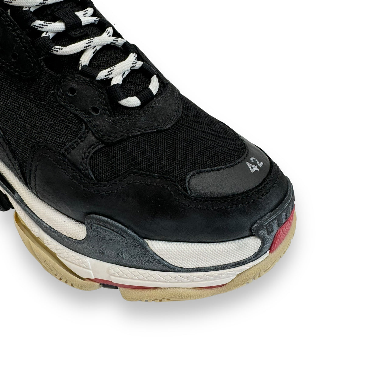 BALENCIAGA TRIPLE S DISTRESSED SNEAKER BLACK / WHITE / RED UK8