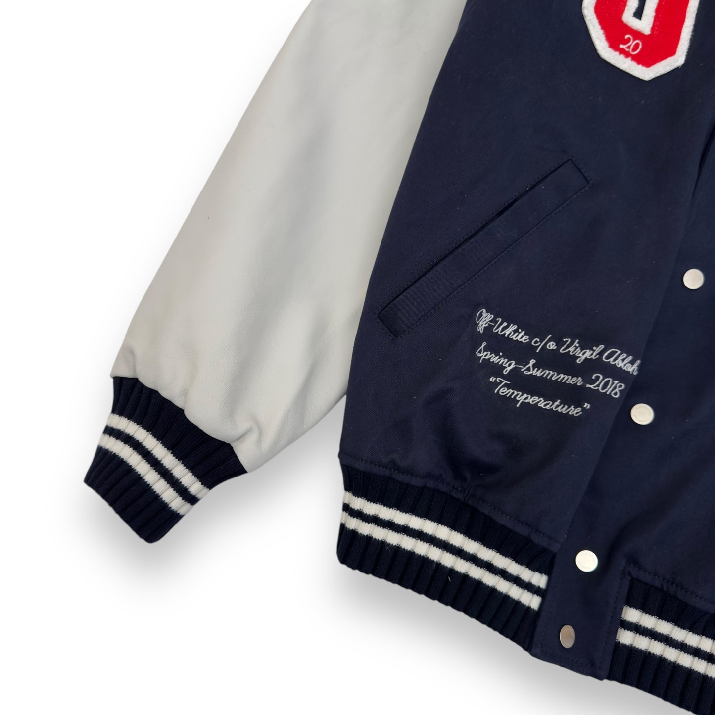 OFF-WHITE PATCH VARSITY LEATHER / COTTON JACKET BLUE / WHITE XL