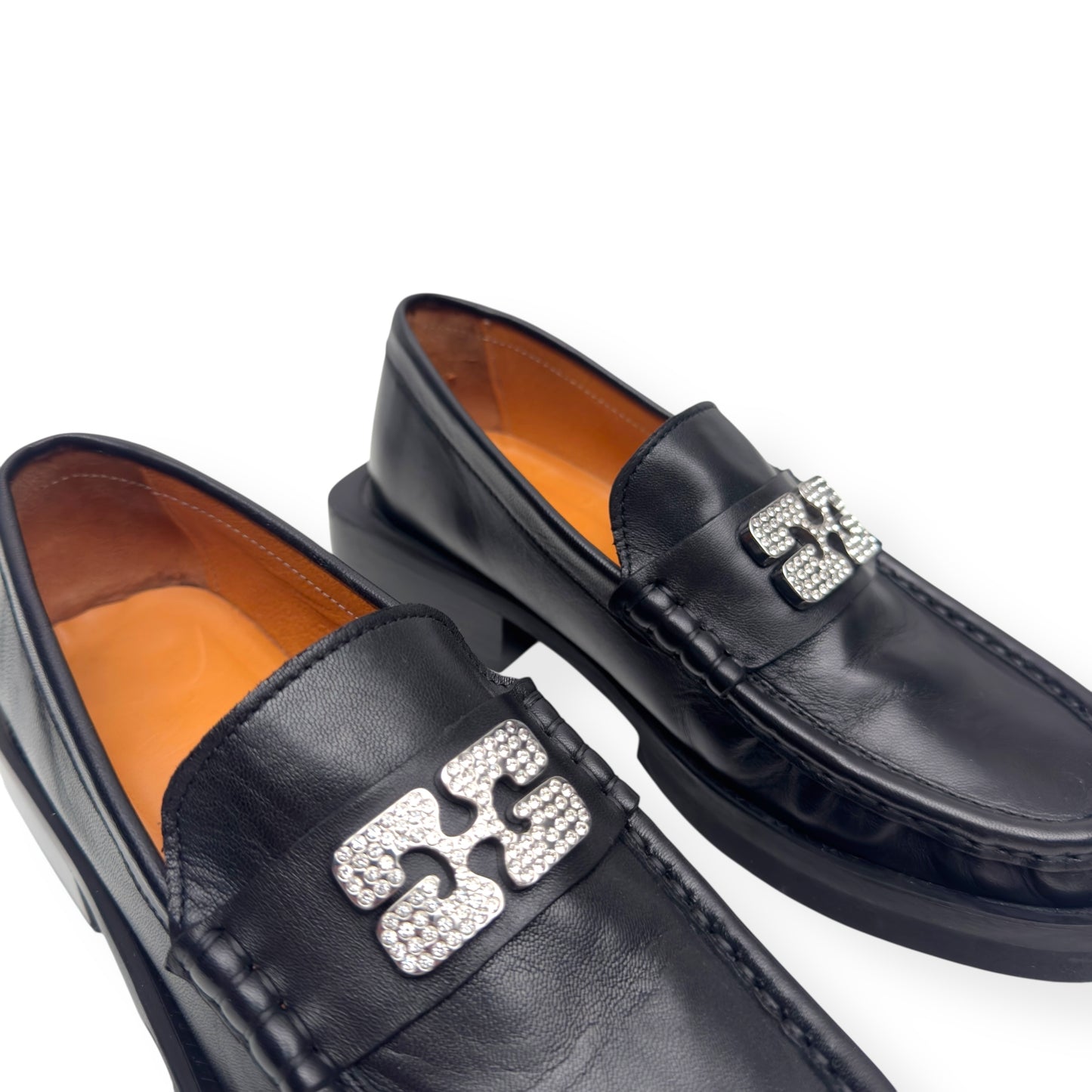 GANNI CRYSTAL-EMBELLISHED LEATHER LOAFERS BLACK / SILVER 38 / UK5