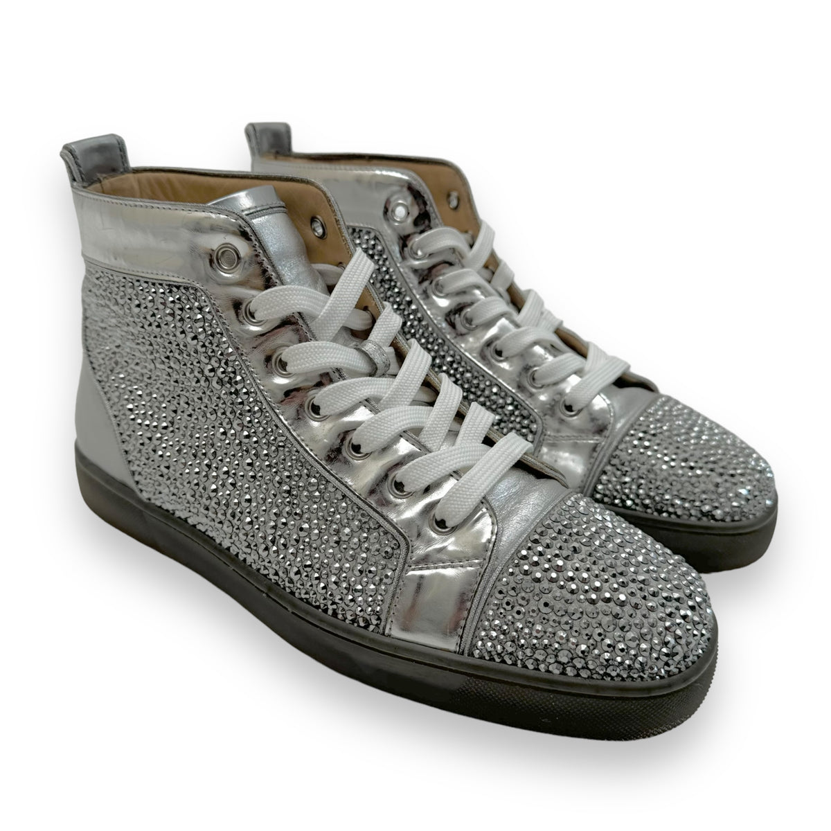 CHRISTIAN LOUBOUTIN LOUIS STRASS CRYSTAL EMBELLISHED SNEAKER SILVER UK7