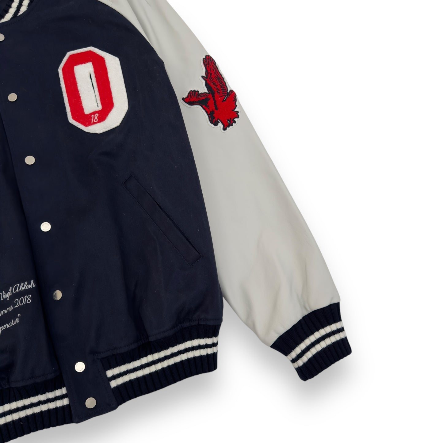 OFF-WHITE PATCH VARSITY LEATHER / COTTON JACKET BLUE / WHITE XL