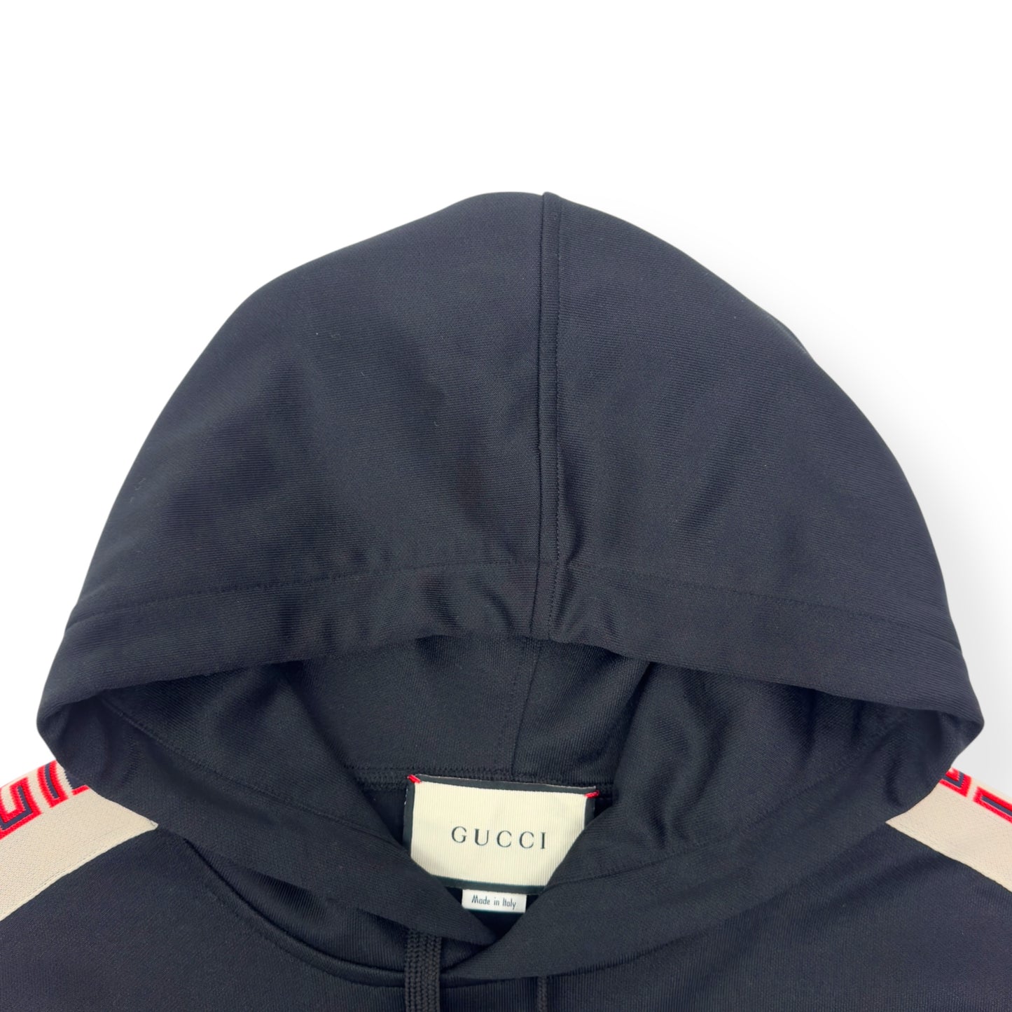 GUCCI TAPE LOGO DETACHABLE WEB SLEEVE HOODIE BLACK / RED S