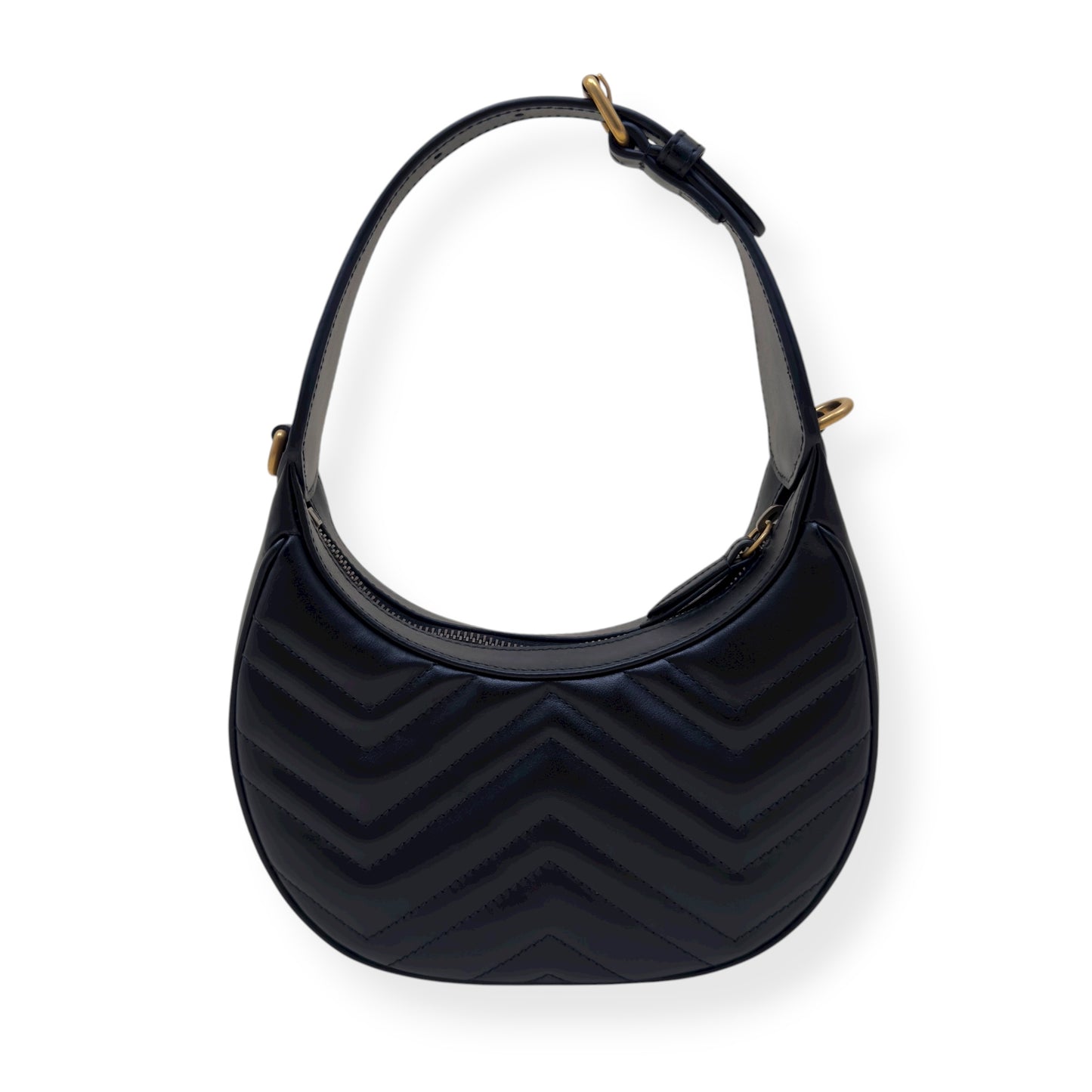 GUCCI CHEVRON LEATHER GG MARMONT HALF-MOON BAG BLACK MINI