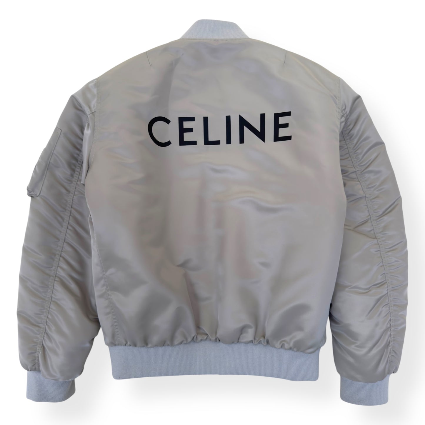 CELINE LOGO-PRINT CHAIN-EMBELLISHED SHELL BOMBER JACKET GREY / BLACK 44 / XXS