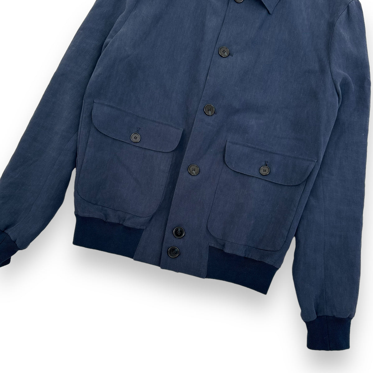 THOM SWEENEY BESPOKE BUTTON-UP LINEN COLLARED BOMBER JACKET NAVY M