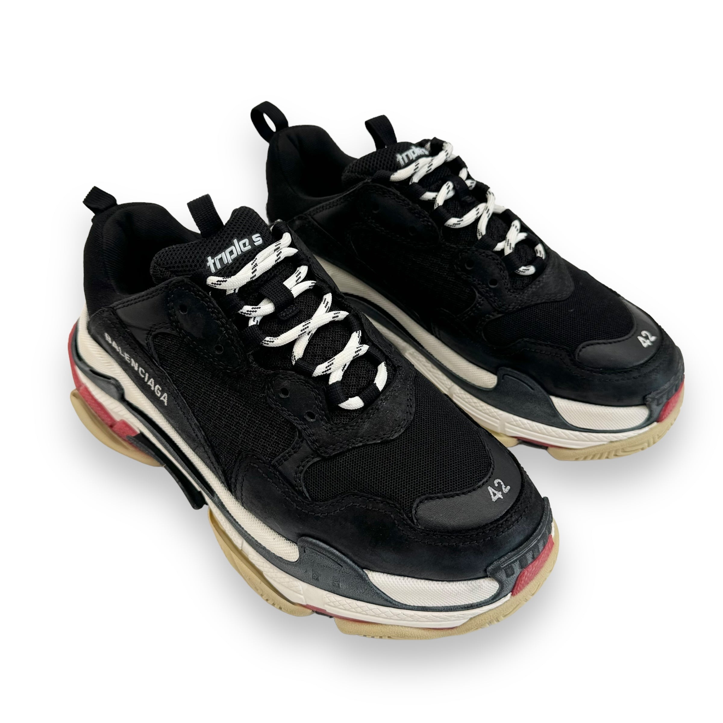 BALENCIAGA TRIPLE S DISTRESSED SNEAKER BLACK / WHITE / RED UK8