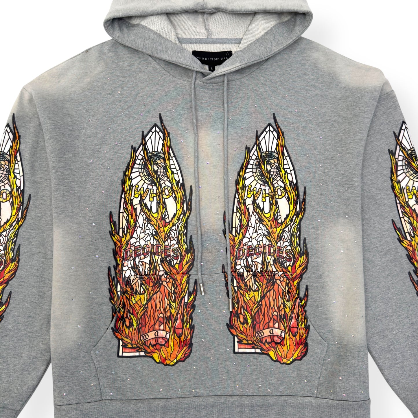 WHO DECIDES WAR FLAMES GLASS HOODIE VINTAGE GREY / ORANGE L
