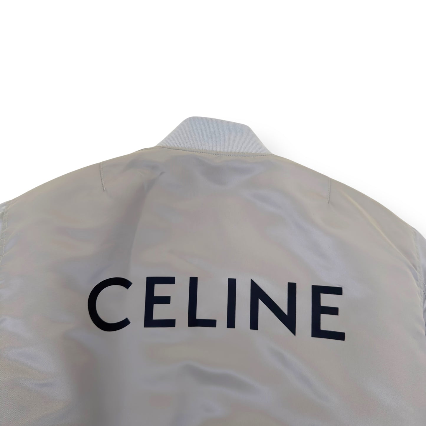 CELINE LOGO-PRINT CHAIN-EMBELLISHED SHELL BOMBER JACKET GREY / BLACK 44 / XXS