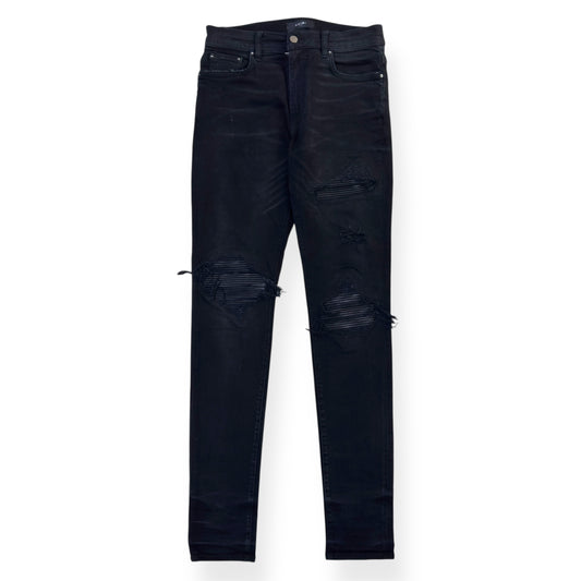 AMIRI MX1 SKINNY FIT LEATHER PATCH DENIM JEANS BLACK W32"