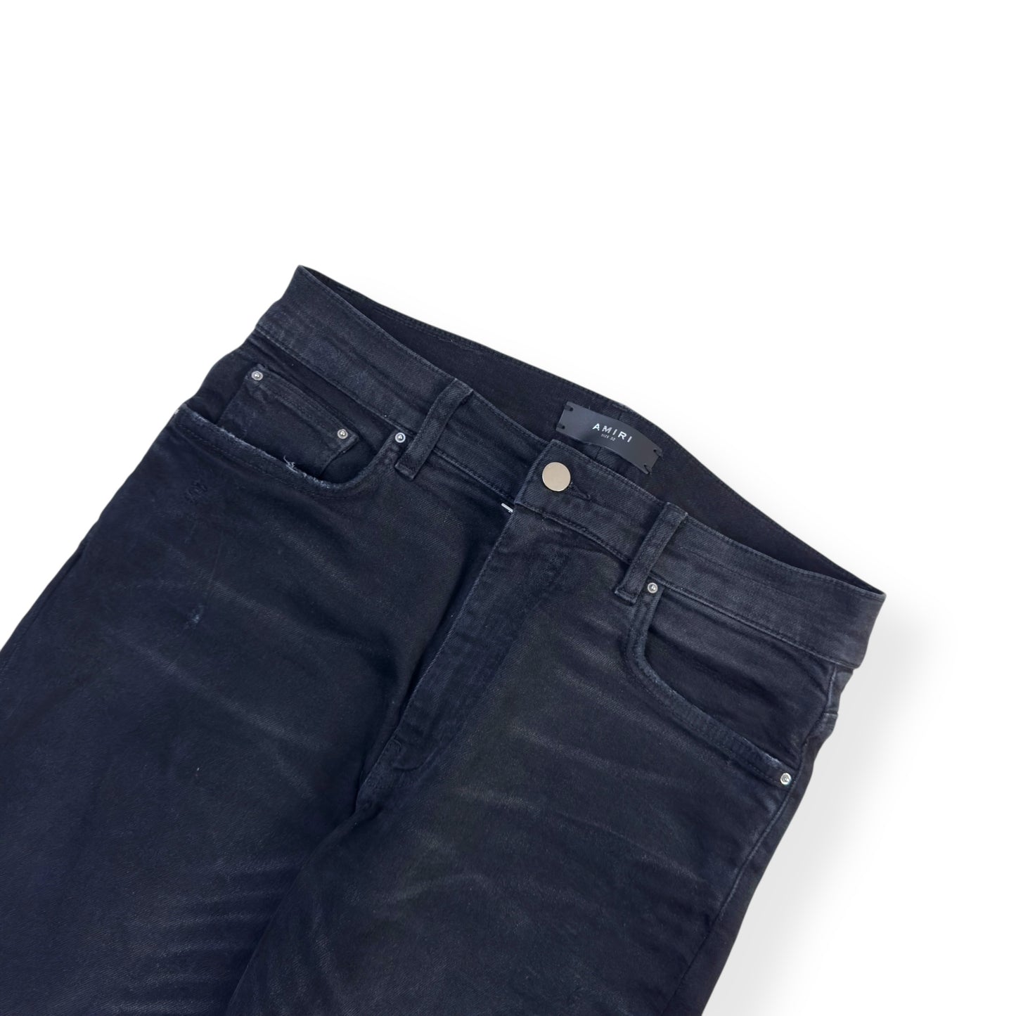 AMIRI MX1 SKINNY FIT LEATHER PATCH DENIM JEANS BLACK W32"