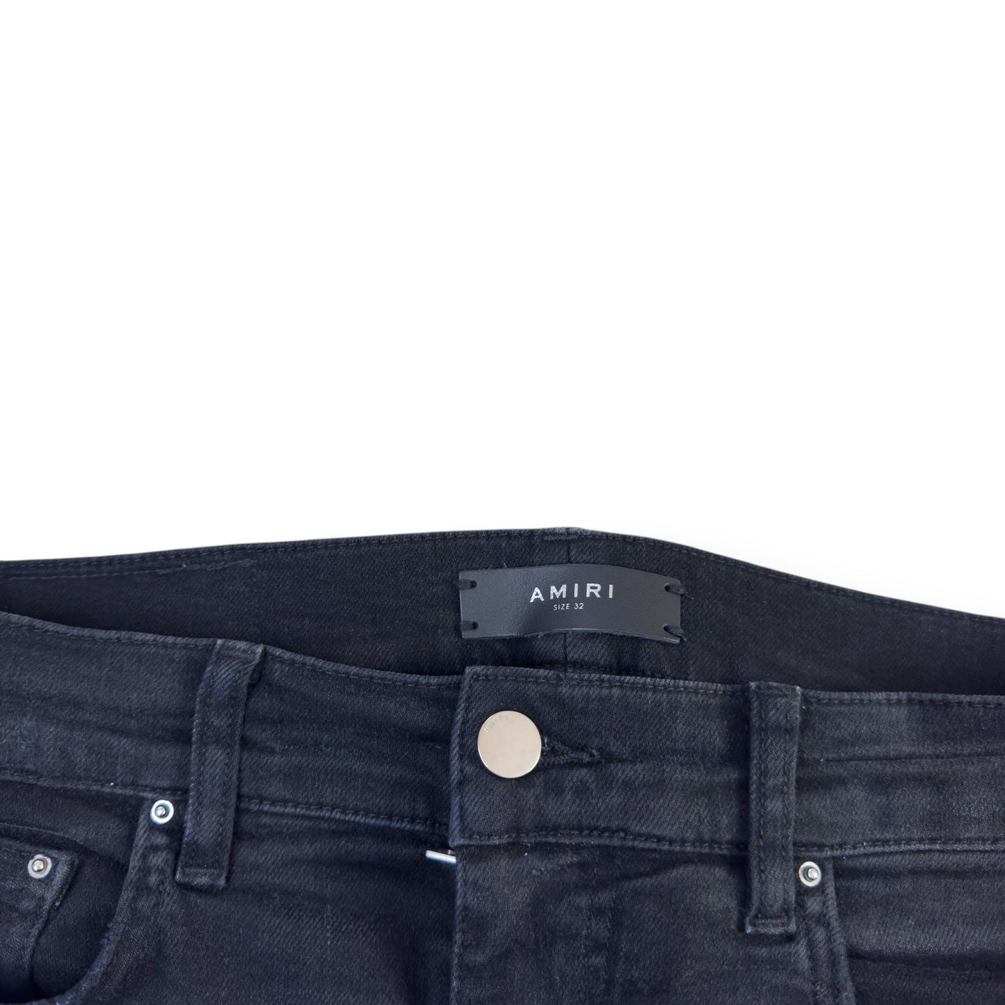 AMIRI MX1 SKINNY FIT LEATHER PATCH DENIM JEANS BLACK W32"