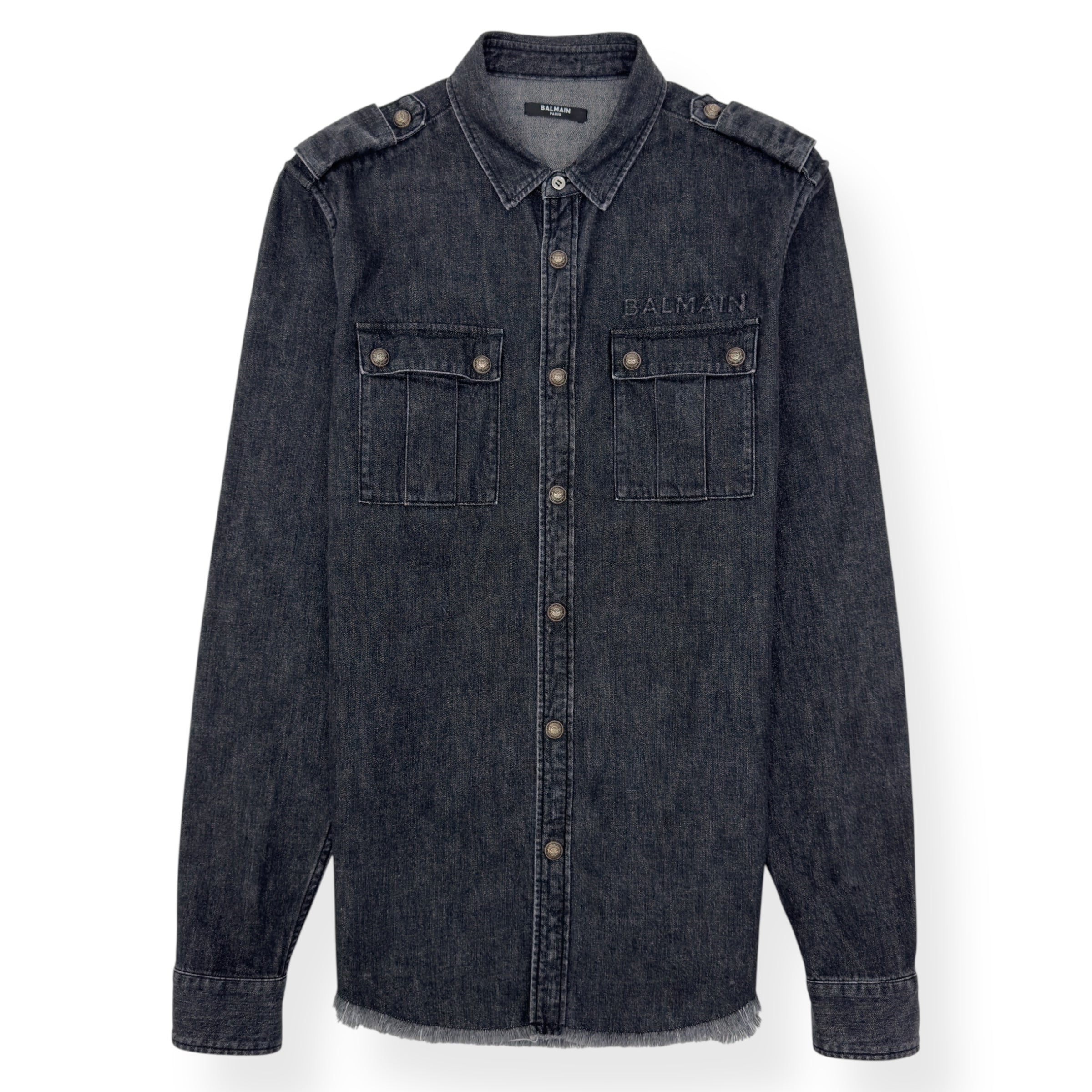 BALMAIN COTTON DENIM SHIRT BLACK / SILVER 39 / M