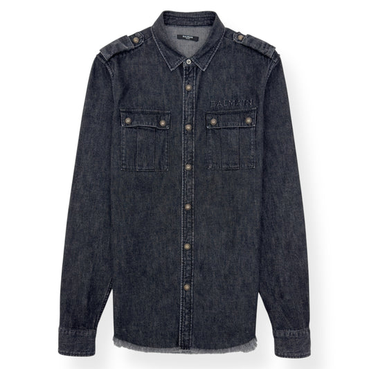 BALMAIN COTTON DENIM SHIRT BLACK / SILVER 39 / M