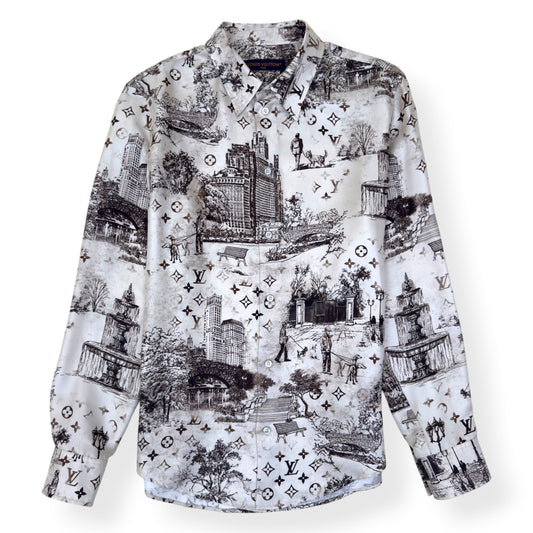 LOUIS VUITTON SILK PRINT LONG SLEEVE SHIRT BEIGE / BROWN XL