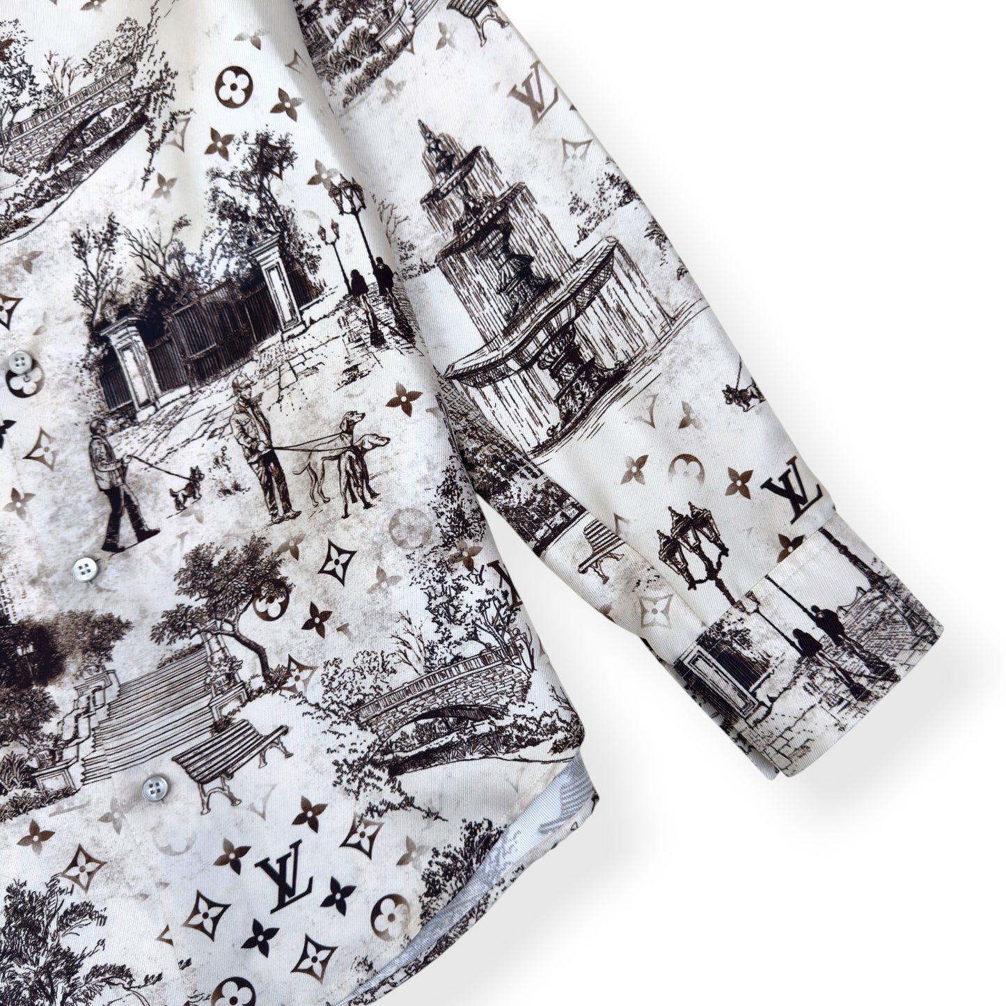 LOUIS VUITTON SILK PRINT LONG SLEEVE SHIRT BEIGE / BROWN XL