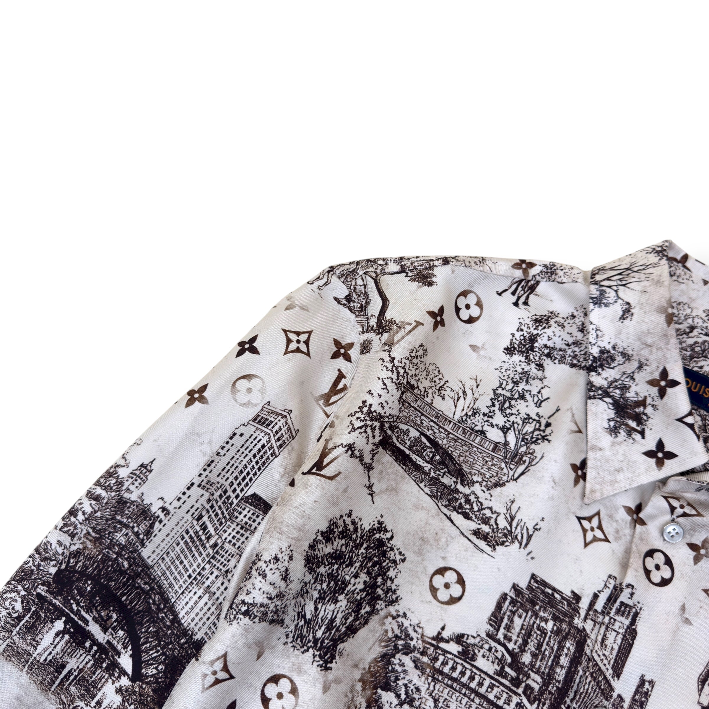 LOUIS VUITTON SILK PRINT LONG SLEEVE SHIRT BEIGE / BROWN XL