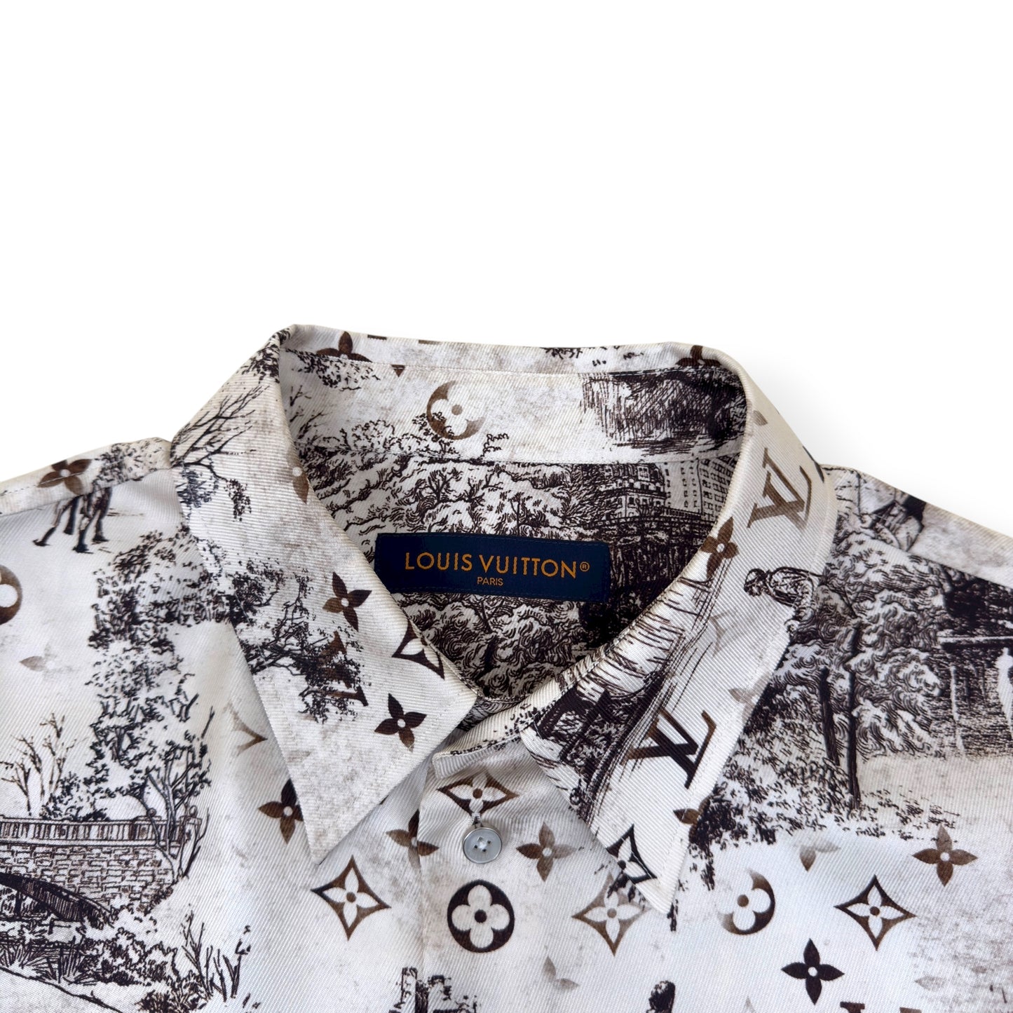 LOUIS VUITTON SILK PRINT LONG SLEEVE SHIRT BEIGE / BROWN XL