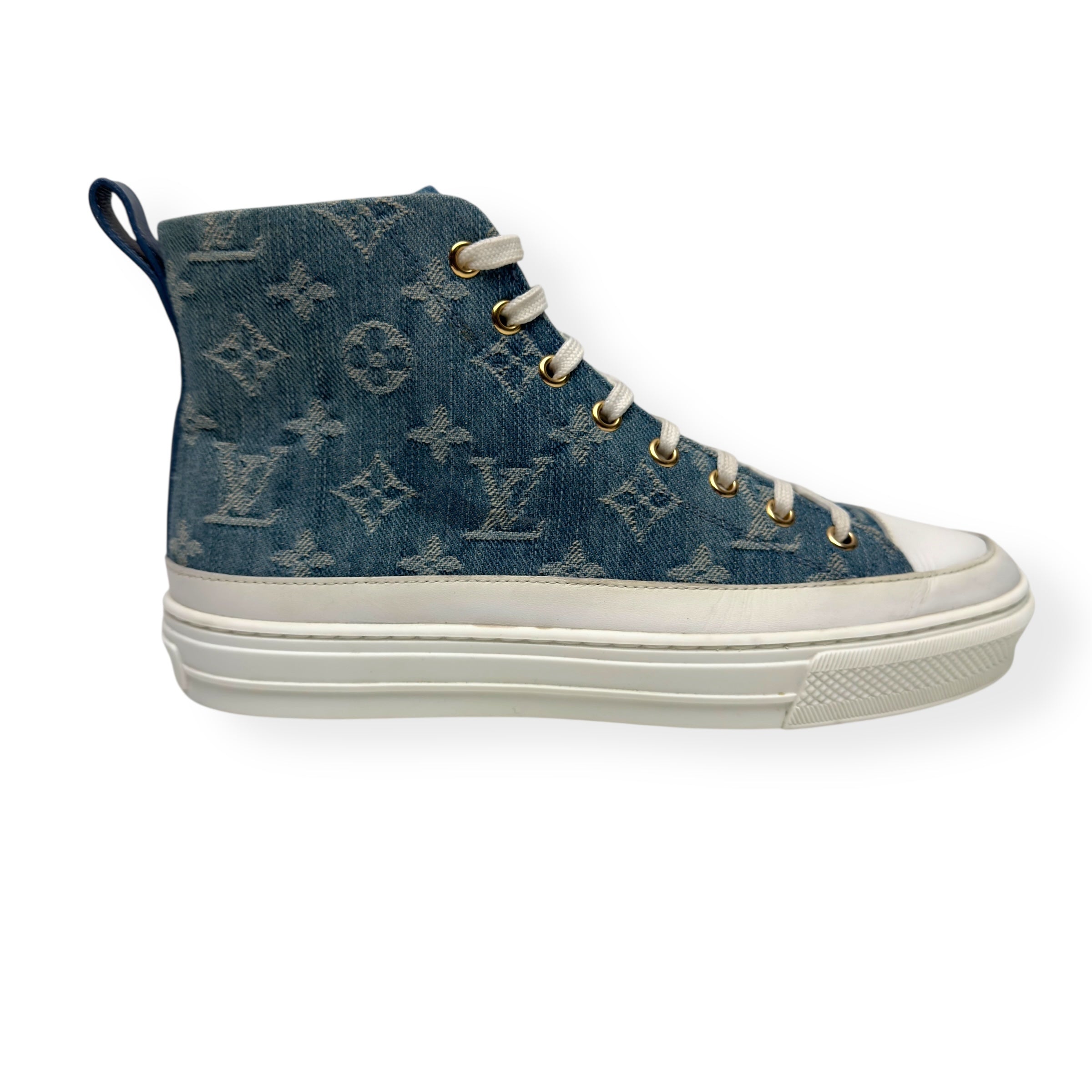 LOUIS VUITTON LV STELLAR HIGH TOP DENIM MONOGRAM SNEAKER BLUE / WHITE 37.5 / UK4.5