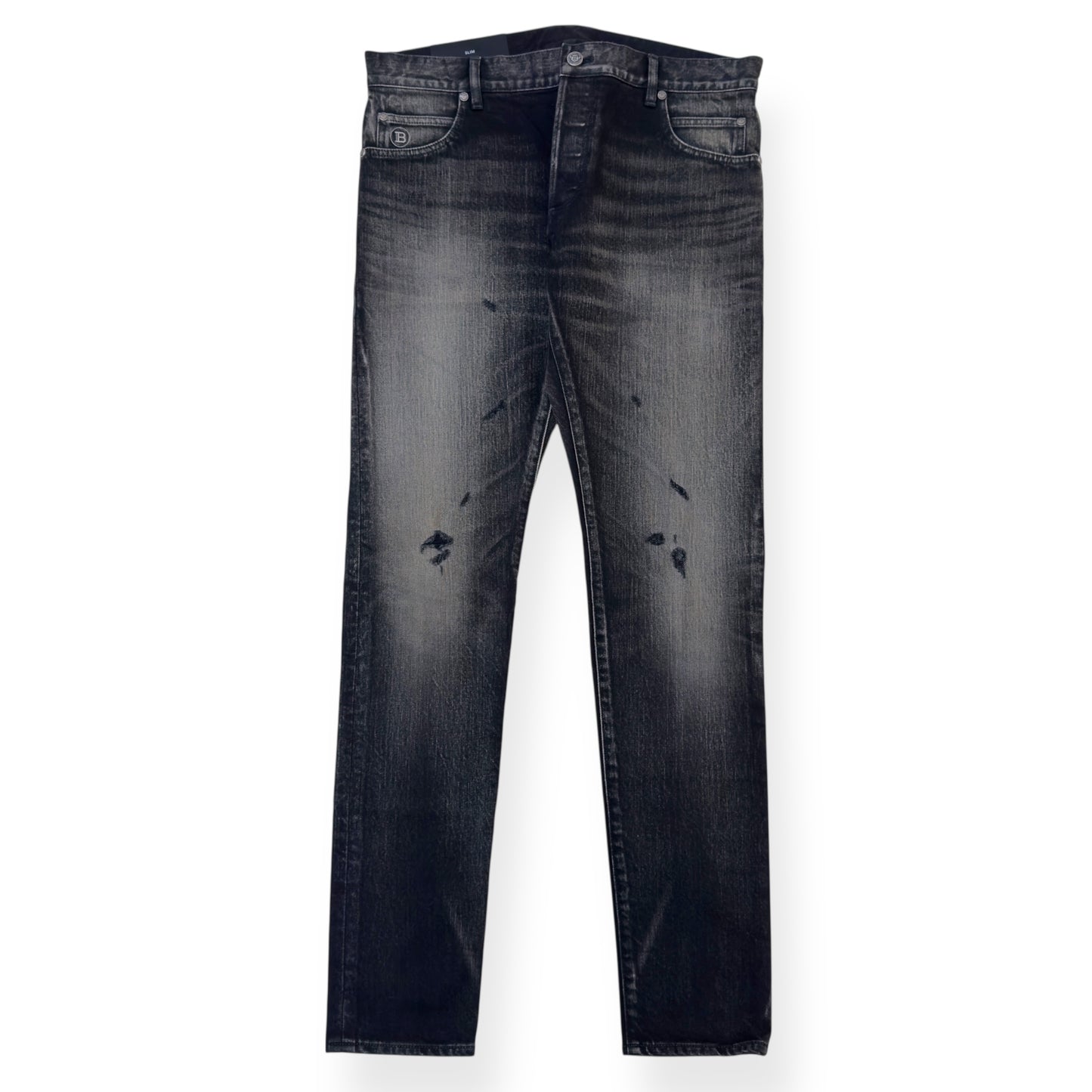 BALMAIN DISTRESSED SLIM SELVEDGE DENIM JEANS BLACK W34”
