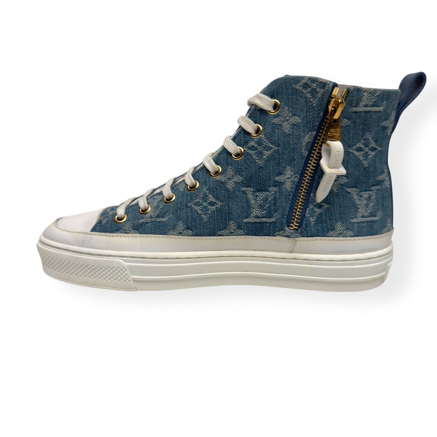 LOUIS VUITTON LV STELLAR HIGH TOP DENIM MONOGRAM SNEAKER BLUE / WHITE 37.5 / UK4.5