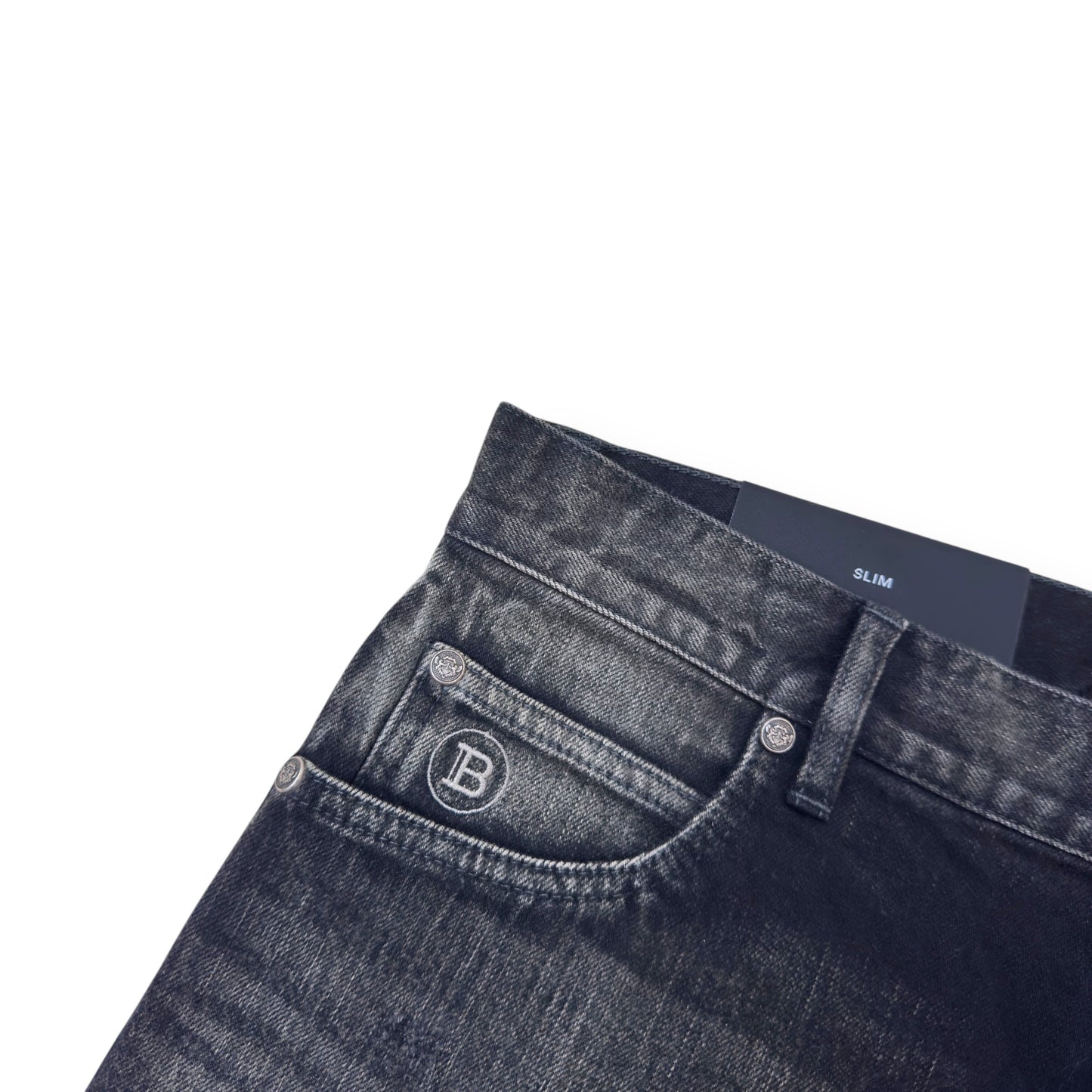 BALMAIN DISTRESSED SLIM SELVEDGE DENIM JEANS BLACK W34”