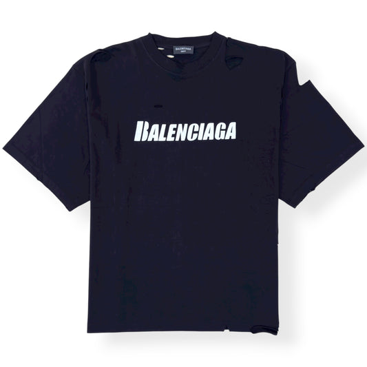 BALENCIAGA OVERSIZED DISTRESSED LOGO T-SHIRT BLACK / WHITE S