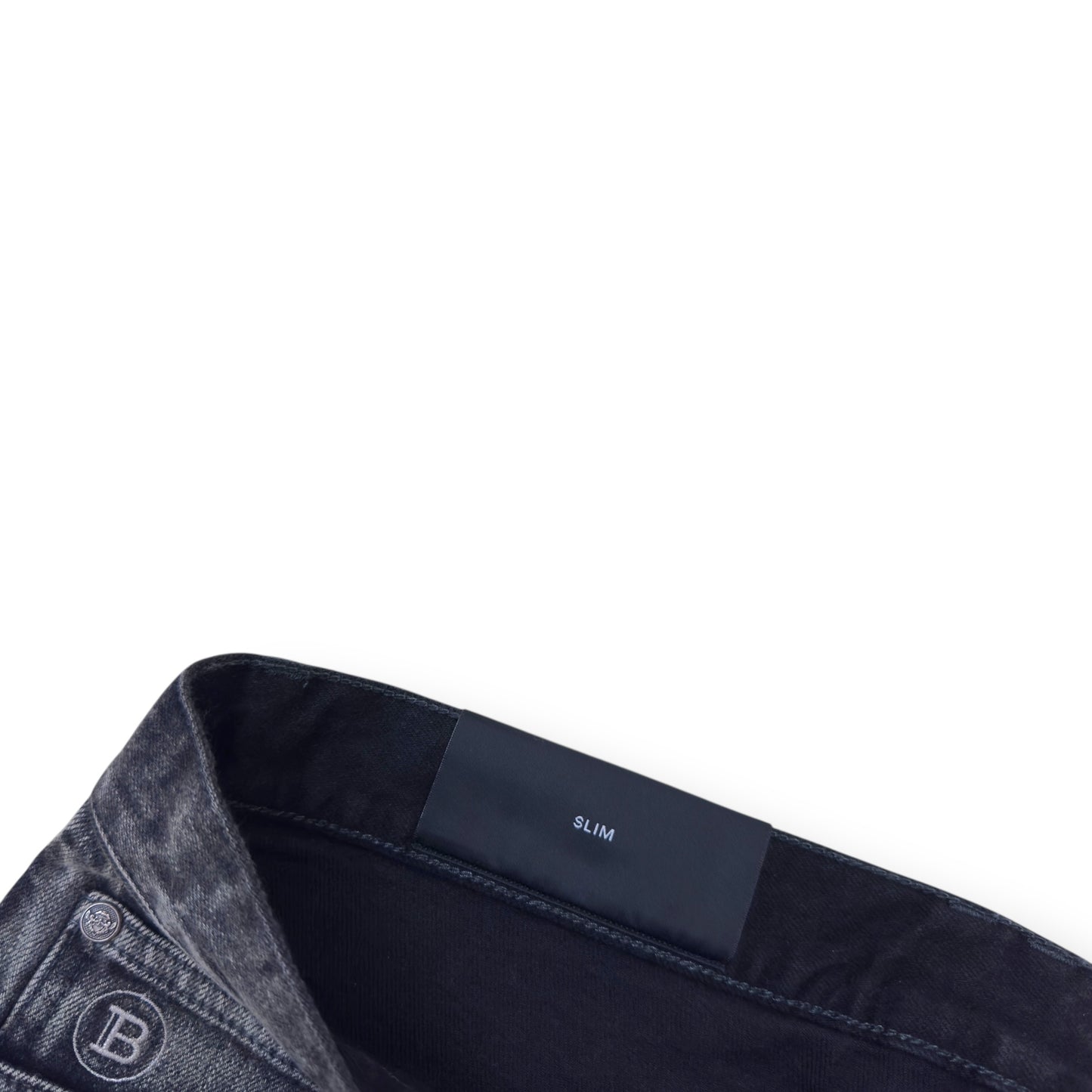 BALMAIN DISTRESSED SLIM SELVEDGE DENIM JEANS BLACK W34”