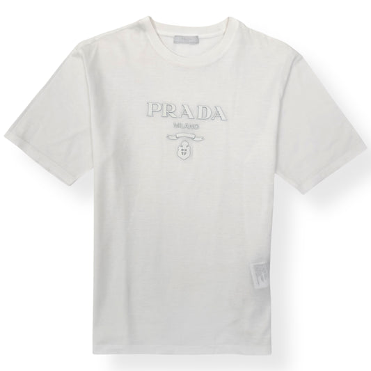 PRADA LOGO EMBOSSED COTTON T-SHIRT WHITE M