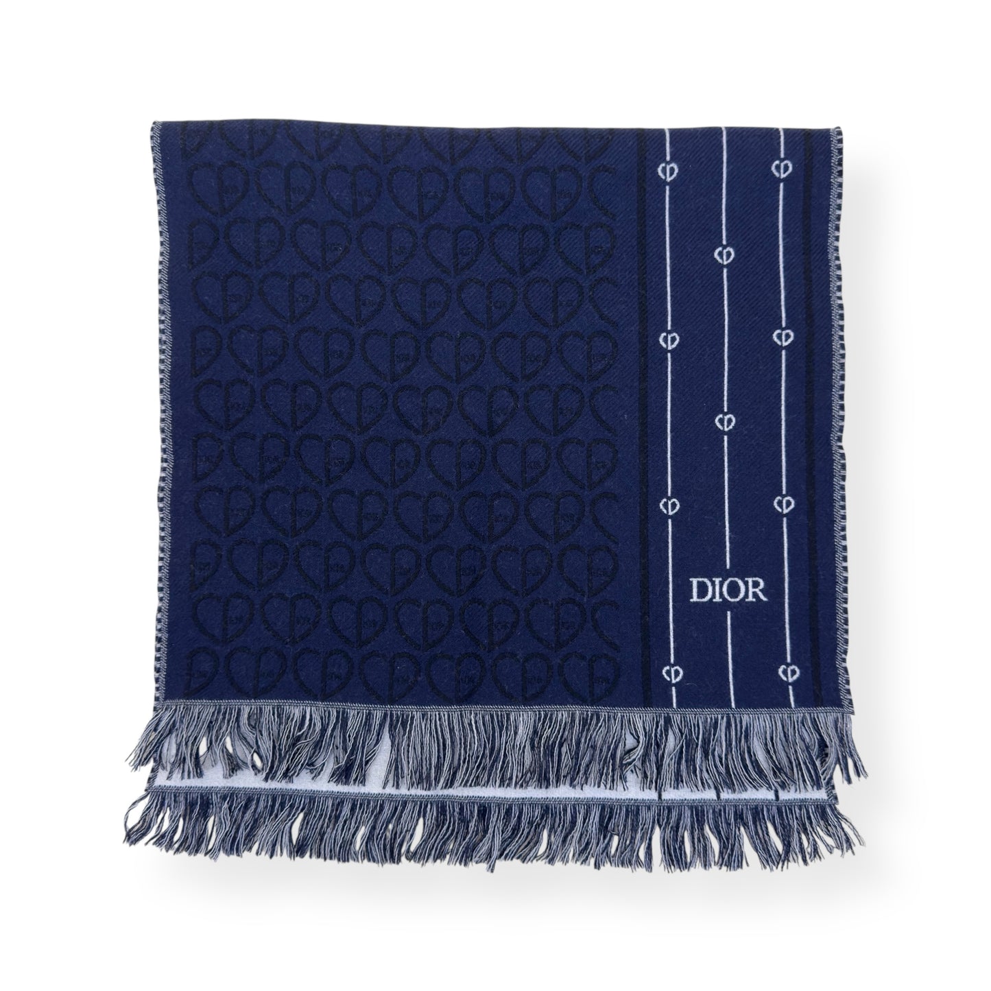 DIOR CD HEART PATTERN WOOL SCARF NAVY