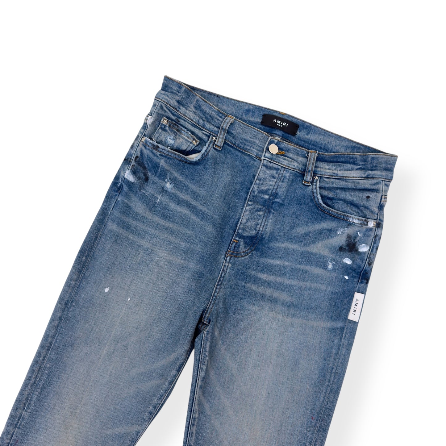 AMIRI PAINT SPLATTER FLARED DENIM JEANS BLUE W32”
