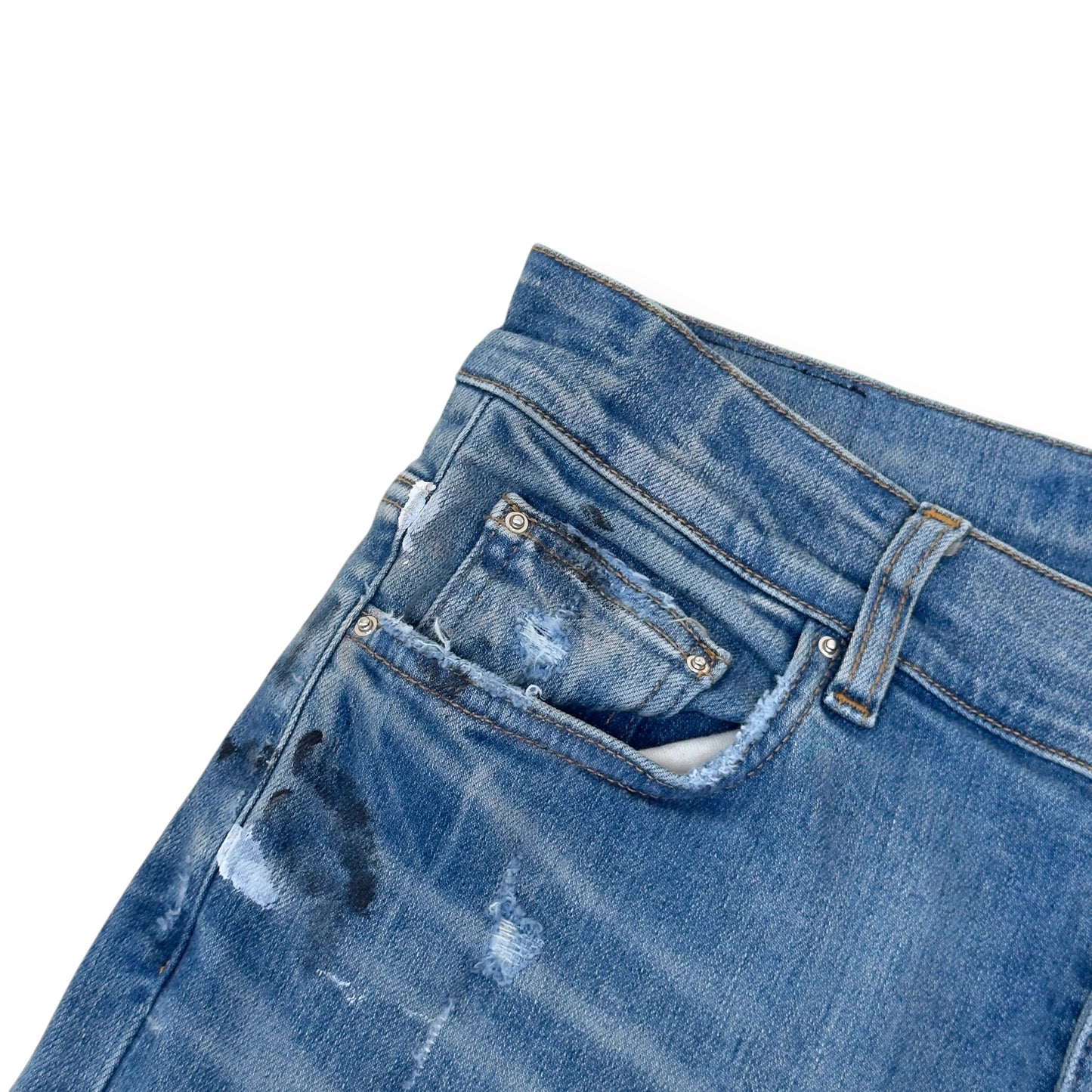 AMIRI PAINT SPLATTER FLARED DENIM JEANS BLUE W32”